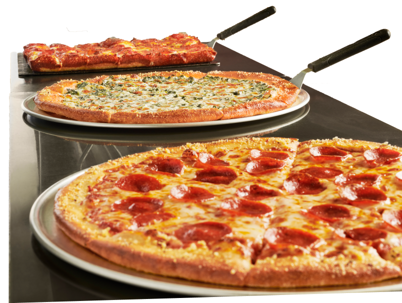A line of Cici's pizzas on a buffet stand
